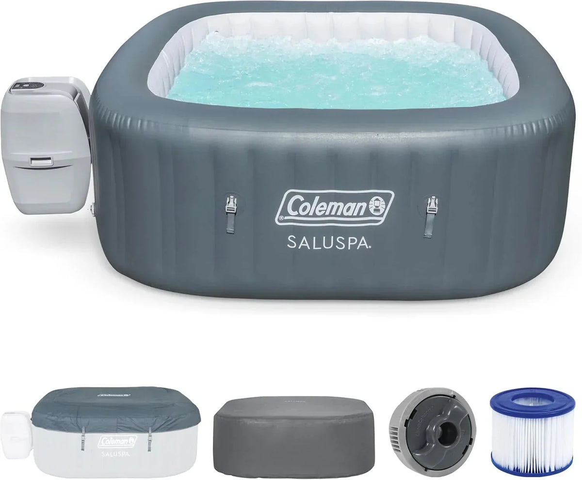 4 to 6 Person Inflatable Hot Tub Square Portable Outdoor Spa with 114 Soothing AirJets and Insulated Cover.