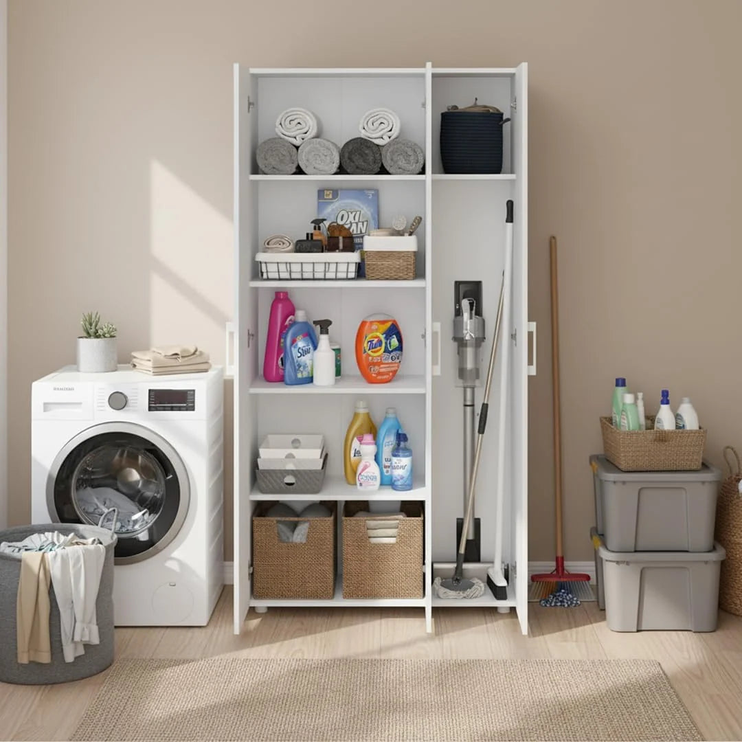 Bellamio Apol Mehrzweckschrank Weiß – Besenschrank 90 cm breit mit Stauraum – Putzschrank mit Staubsaugerfach – Vorratsschrank Küche - Aktenschrank