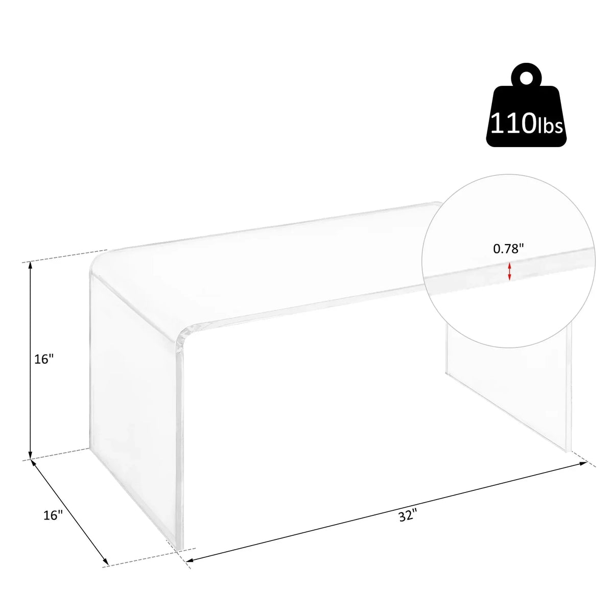 32 Clear Acrylic Waterfall Coffee Table. 20mm Thick Rectangle Modern Transparent Table for Living Room