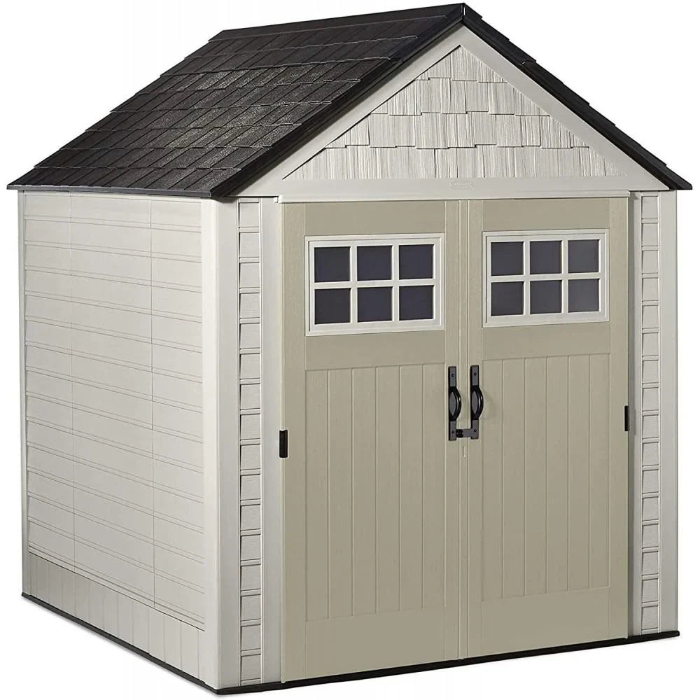 7 x 7-Ft. Resin Outdoor Garden Storage Shed with Windows and Utility Hooks. Sand