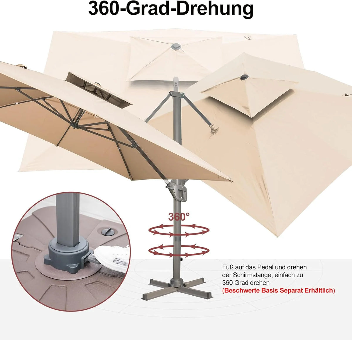 LKINBO Sonnenschirm 300 x 400 cm Rechteckig mit Ständer und Kurbel. Groß Ampelschirm Terrassenschirm 360°Drehbar Parasol Windfest Gartenschirm