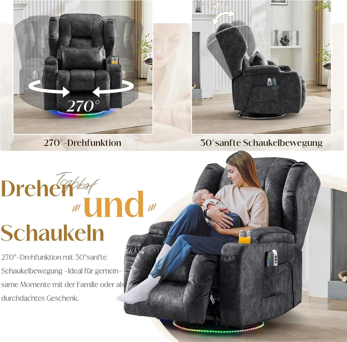 Elektrischer Fernsehsessel Relaxsessel mit Liegefunktion.240°Drehsessel Kinosessel Massagesessel mit Wärmefunktion.TV Sessel Liegesessel fürs