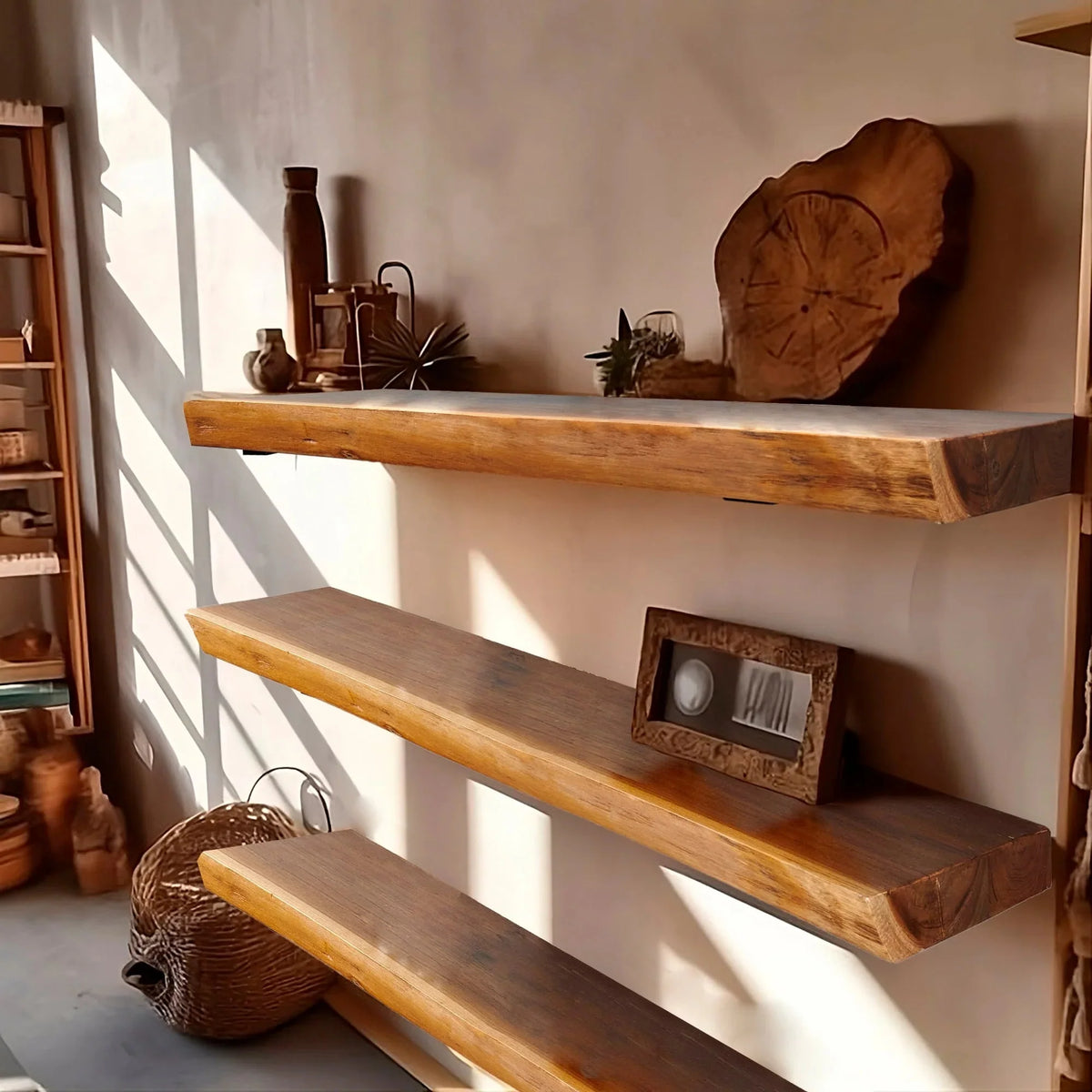 1 Piece Teak Wood Wall Shelf with Live Edge. Rustic Floating Shelf for Home Decor