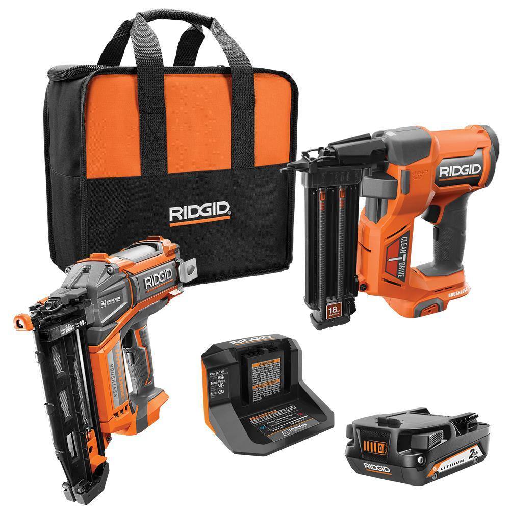 18V Brushless Cordless Nailer Combo Kit with Brad and Finish Nailers. Battery and Charger
