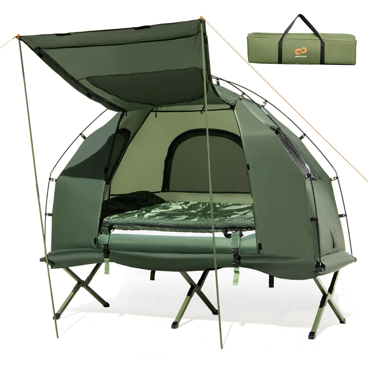 5-in-1 Camping Tent Cot with Air Mattress. Pillow. Sleeping Bag. Waterproof Elevated Folding Bed