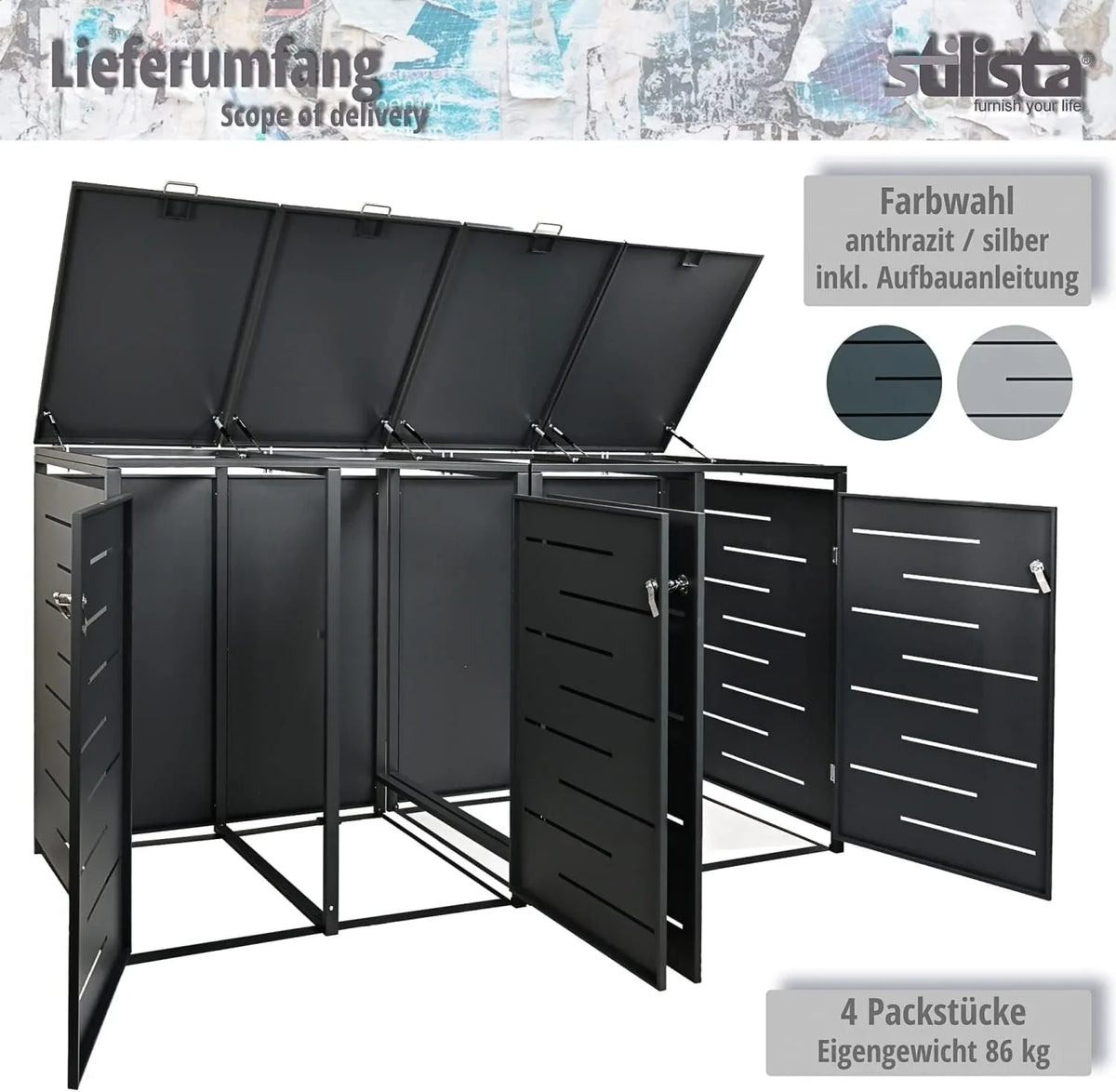 STILISTA Mülltonnenverkleidung aus Metall. für 4 Mülltonnen je 240 Liter. anthrazit