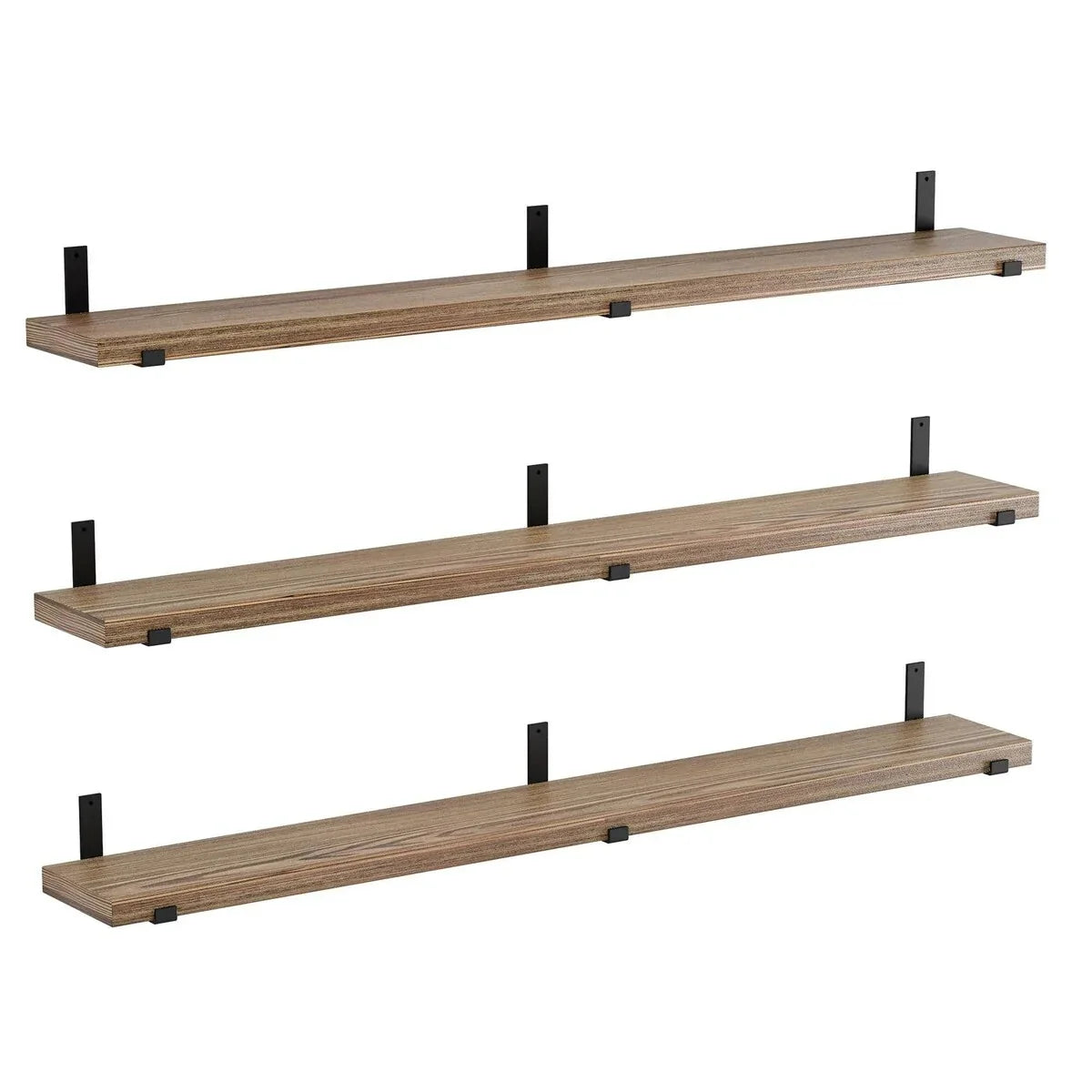 72 Inch Floating Wood Wall Shelves. Set of 3 Burnt Wood Display and Storage Shelves for Home Decor