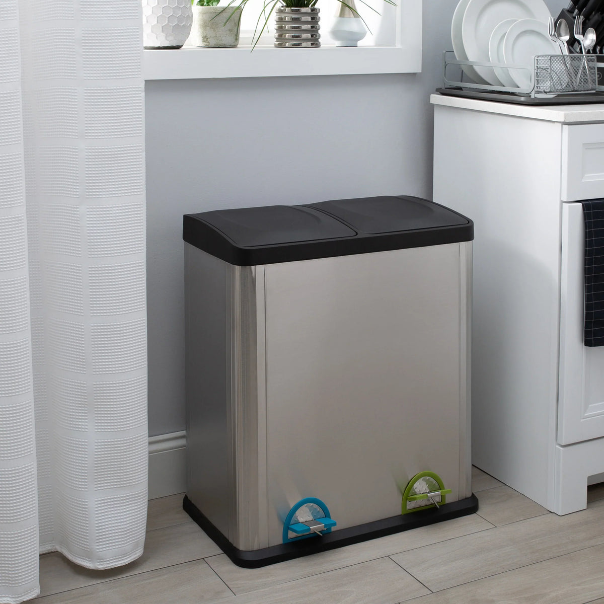 60L 2 Compartment Stainless Steel Recycling Bin. Dual Section Trash Sorter Container for Kitchen. Home & Office
