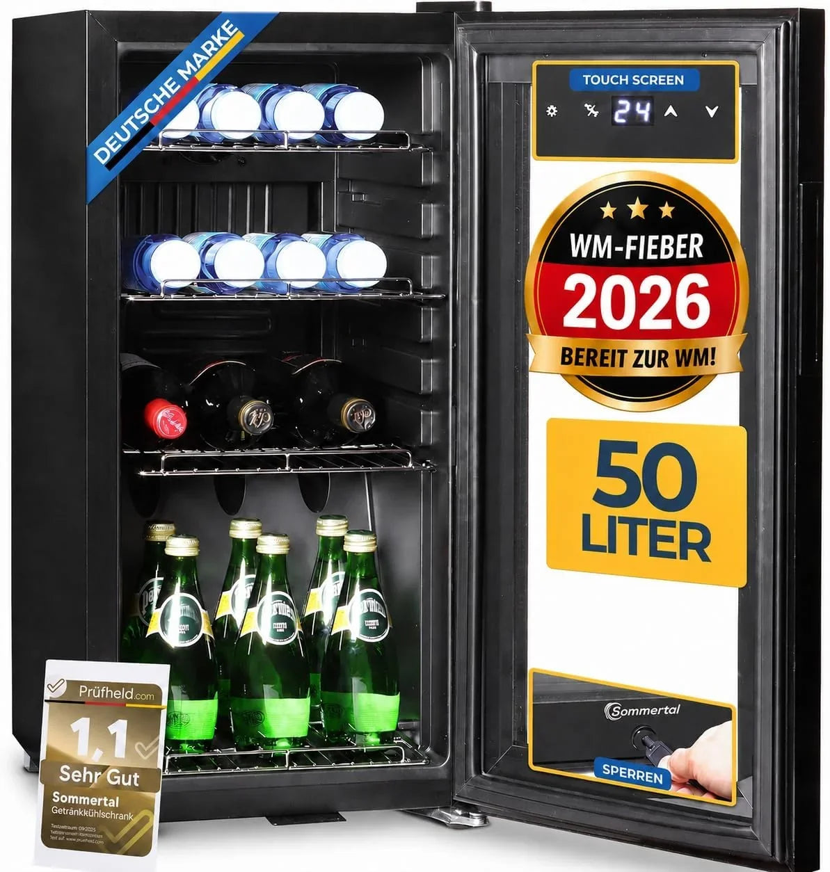 Sommertal Getränkekühlschrank 50L – Mini Kühlschrank schwarz mit Glastür. Touchscreen & LED | Kleiner Flaschenkühlschrank abschließbar & leise für