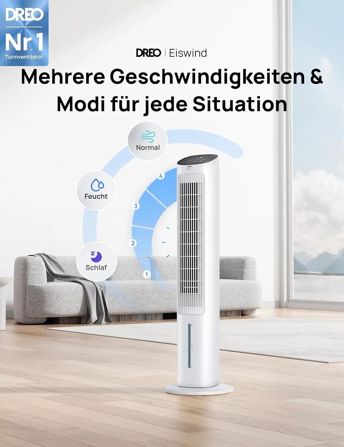 DREO Turmventilator mit Kühlung leise. Ventilator mit Wasserkühlung. 102 cm Luftkühler. Verdunstungskühler mit 80° Schwenkfunktion. 3 Modi. 4