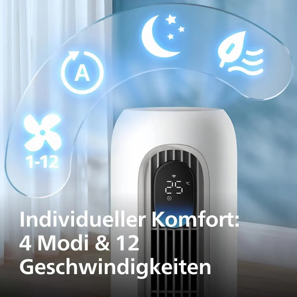 Philips Smarter Turmventilator 7000 Series – 8.4 m/s stark. ultraleise 22 dB. energieeffizient. App & Fernbedienung. Wlan. 12 Stufen. Schlafmodus.