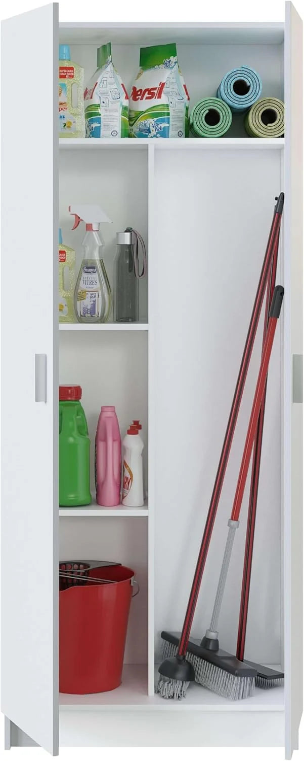 Habitdesign Multi-Purpose Wardrobe. Broom 2 Doors 3 Shelves. 180 x 73 x 37 cm (H x W x D – cm). Matt White