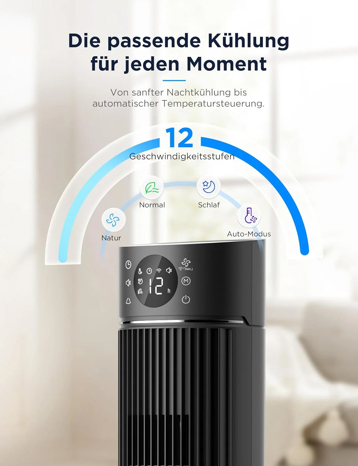 Midea FZ10-26ARDW Smart Leiser Turmventilator mit Fernbedienung. 19 dB Flüsterleise. DC-Motor. 4 Modi & 12 Stufen. 24h Timer. App-Steuerung für
