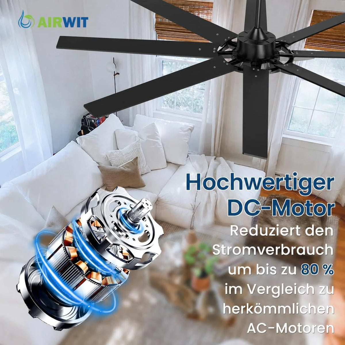 Airwit 183cm Deckenventilator mit Beleuchtung Extra Groß. Verbundholz Outdoor Leise Deckenventilator mit Licht und Fernbedienung. Lampe mit Ventilator