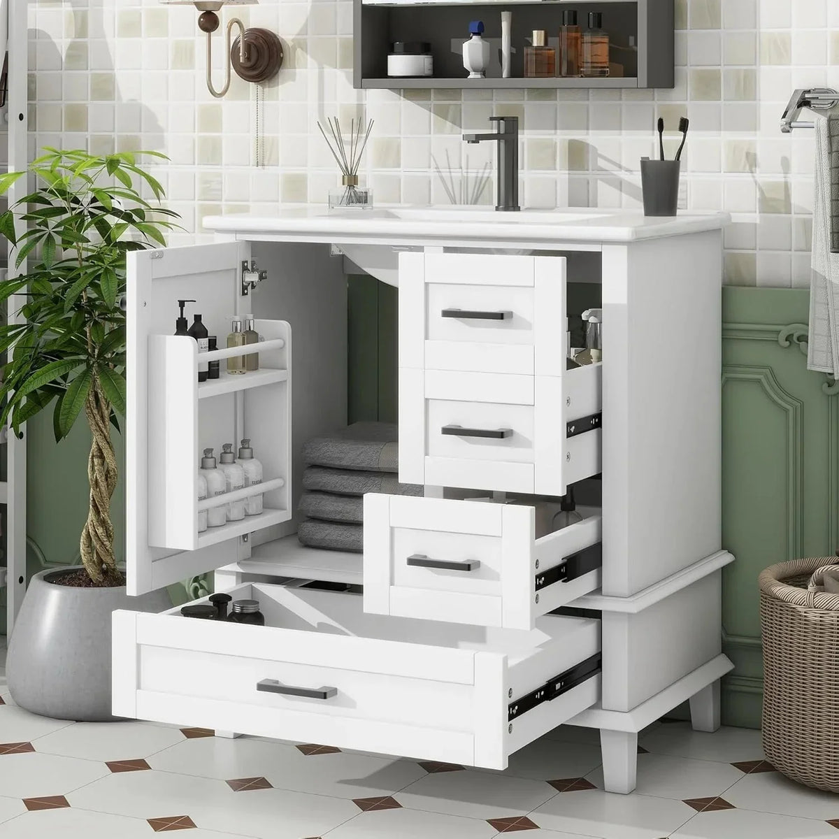 Moimhear Mueble de baño de pie. lavabo. lacado completo. tres cajones silenciosos. lavabo de cerámica integrado (blanco. 76 x 46 x 83.5 cm)
