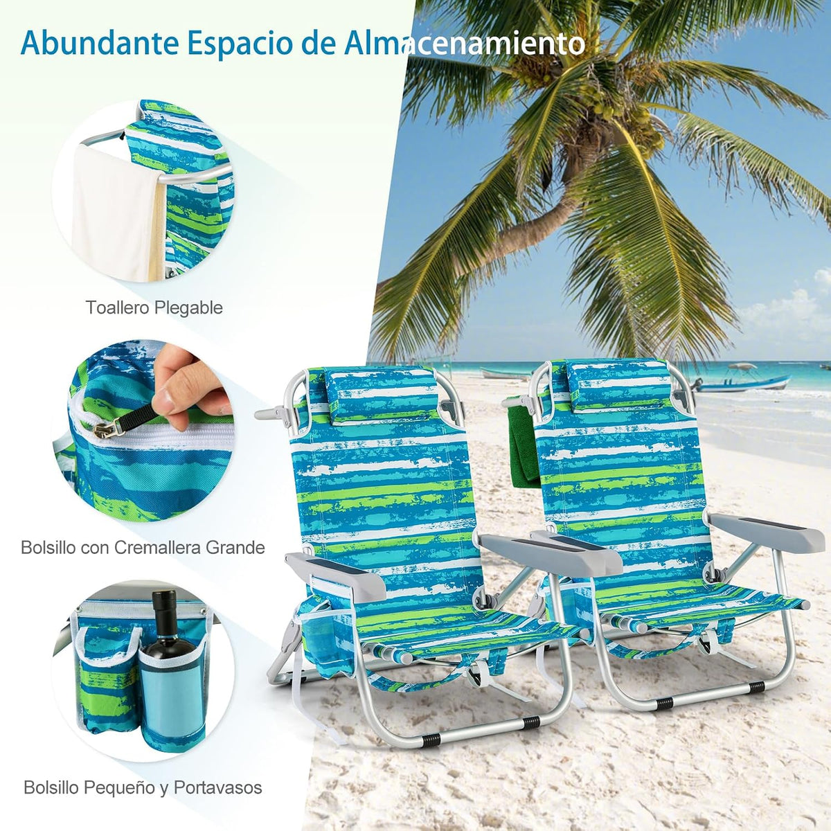 COSTWAY Silla Plegable de Playa. Tumbona con 5 Posiciones. Portavasos. Bolsillos de Almacenamiento. Correas de Hombro. Soporte para Toallas. Almohada.