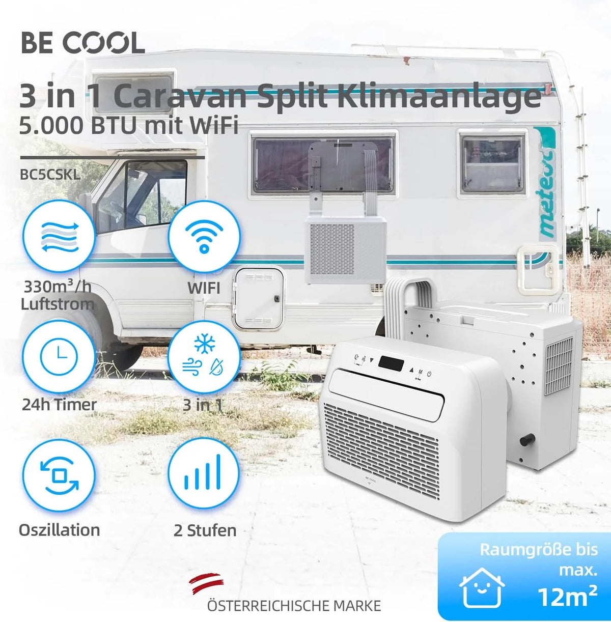 BE COOL BC5CSKL26 3in1 Mini Split Klimaanlage 5000 BTU mit WiFi. App-Steuerung. Kühlen. Lüften. Entfeuchten. 24h Timer. Schlafmodus. für Räume bis 12