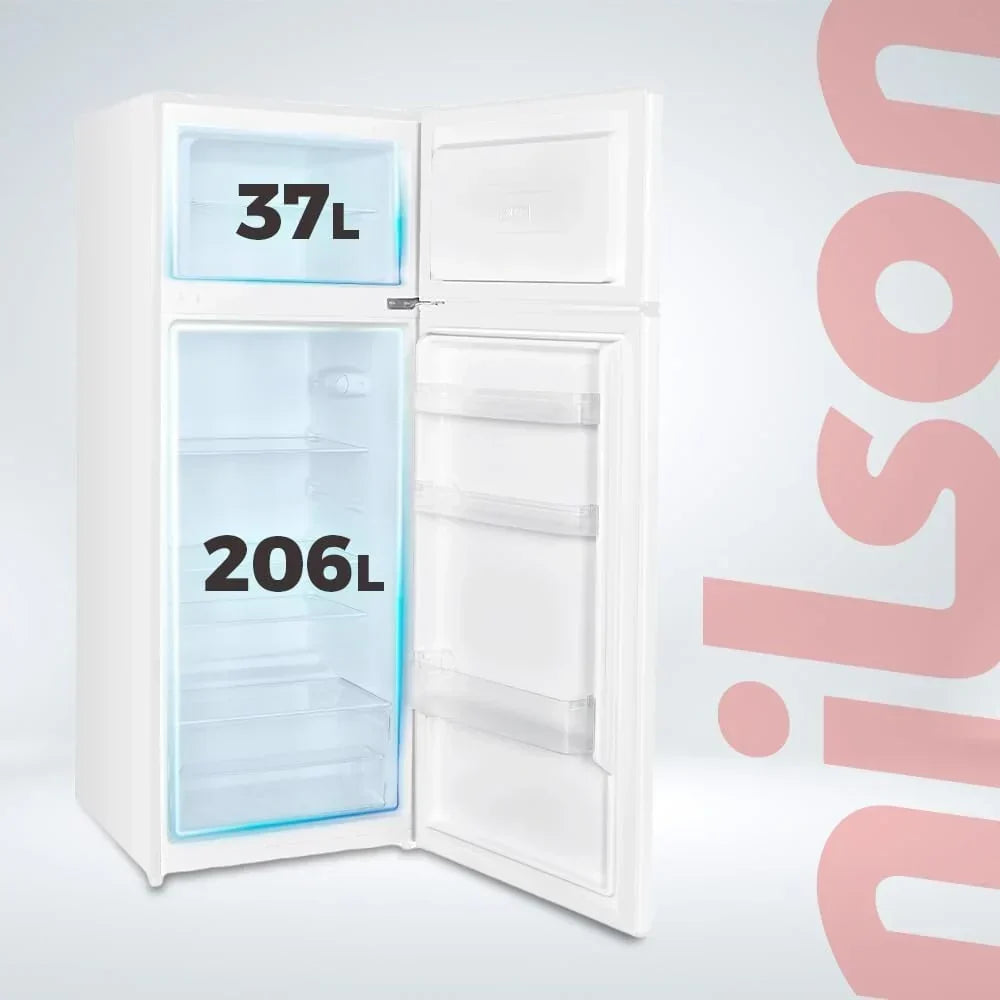 NILSON Frigorífico 2 Puertas Blanco NF145500E. Capacidad 206 Litros. Puerta Reversible. Bajo Nivel Sonoro. Eficiencia Energética Clase E