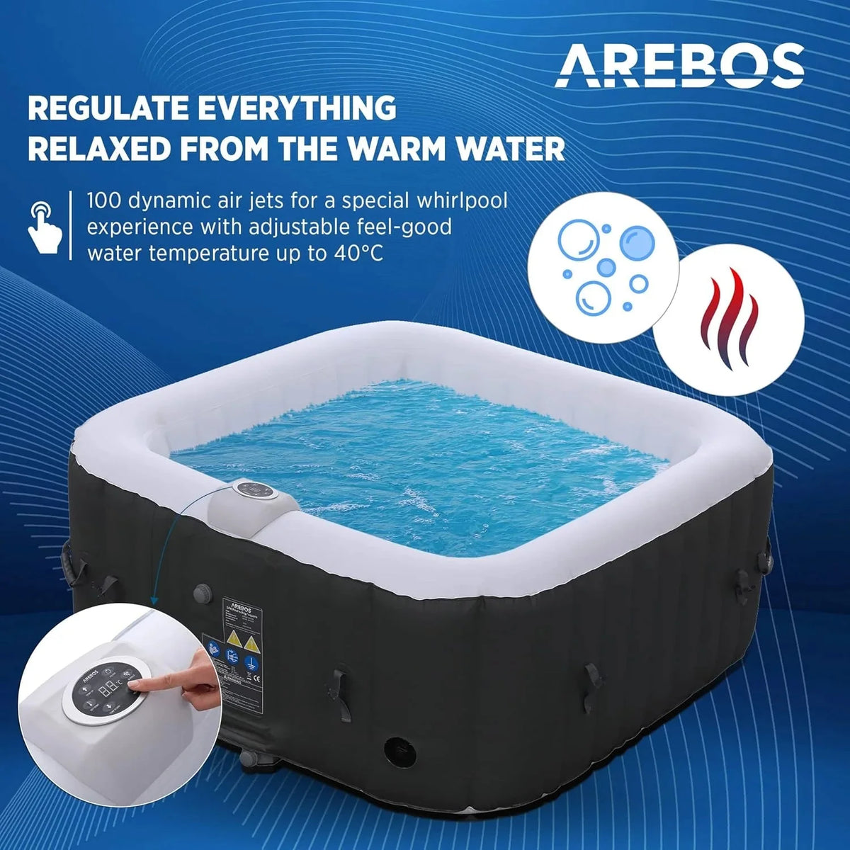 Arebos SPA Hinchable Piscina de hidromasaje | Hinchable | Cuadrada | para Interior y Exterior | 154x154cm | 4 Personas | 130 chorros de Masaje | 600 L