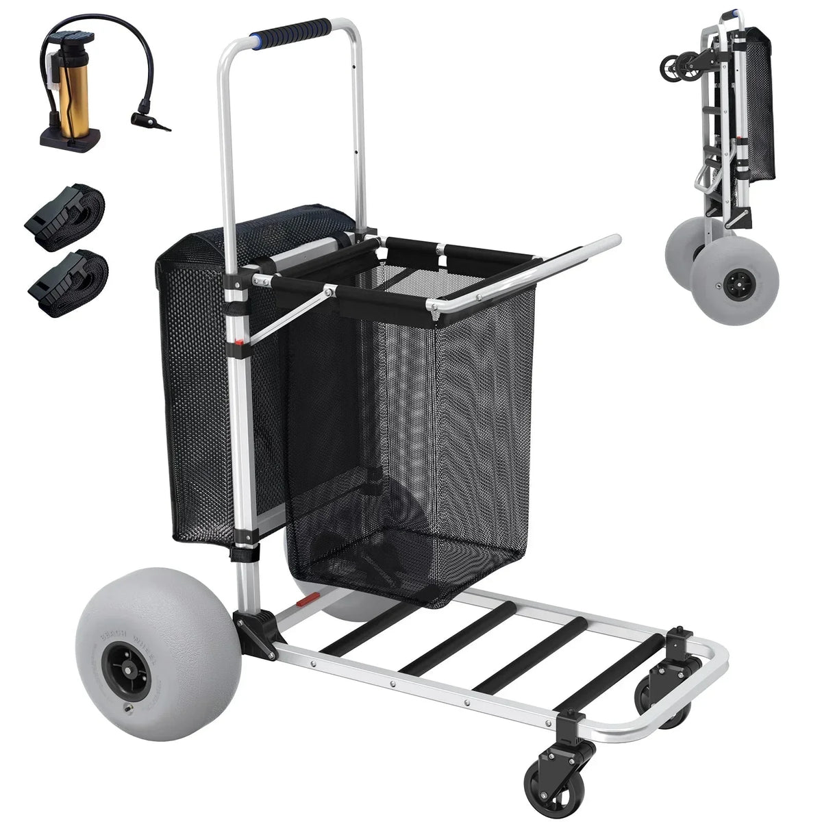 Foldable Beach Cart with Adjustable Handle and 12 Balloon Wheels. Heavy Duty Aluminum 220LBS Capacity