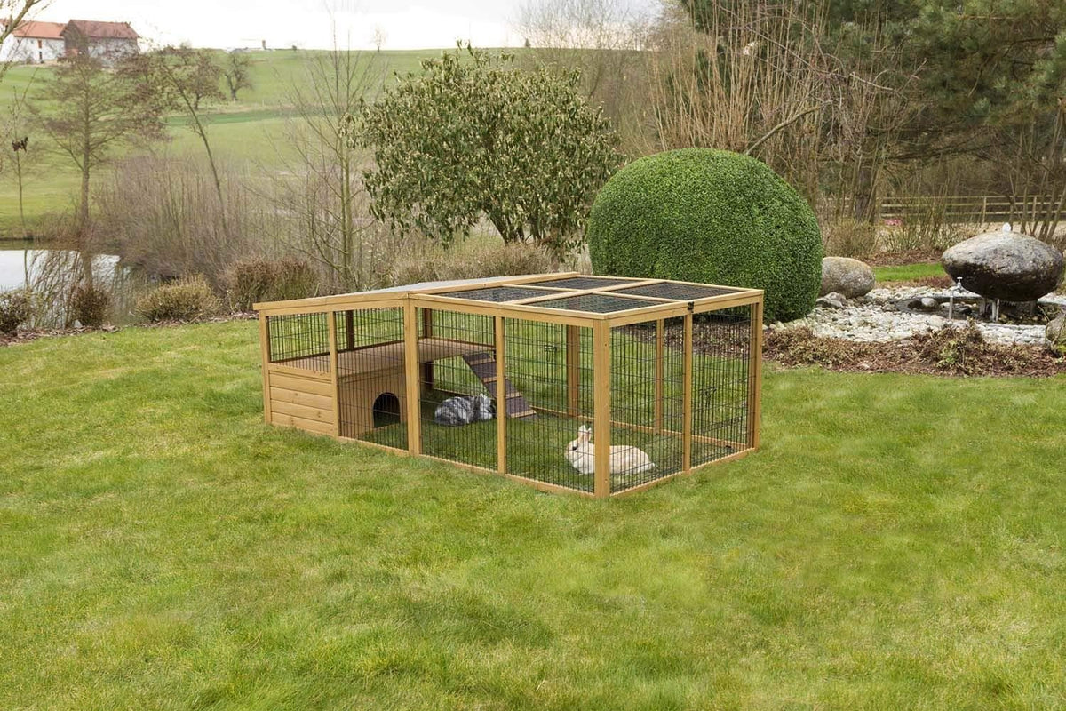 Kerbl Freigehege mit Ausbruchsperre (Gitterabstand 2.5 cm. überdachter Auslauf. mit Kunststoffdach. inkl. Kleintierhaus + Aussichtsplattform) 81708