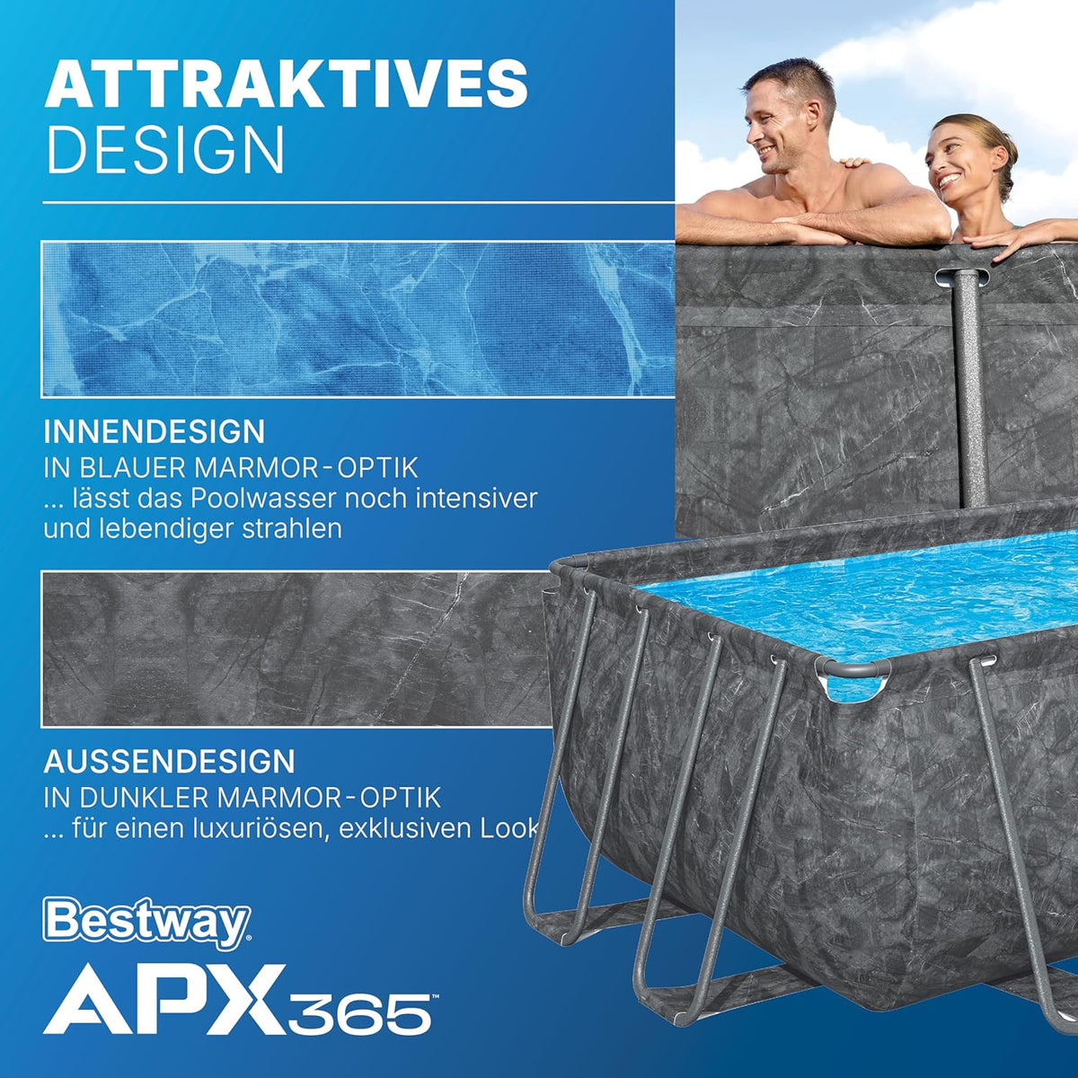 Bestway APX365 Winterfestes Frame Pool Set. Sandfilteranlage. 549 x 274 x 132 cm. 16.477 L. Stahlrahmen. Polar-Shield. Dunkle Marmor-Optik.
