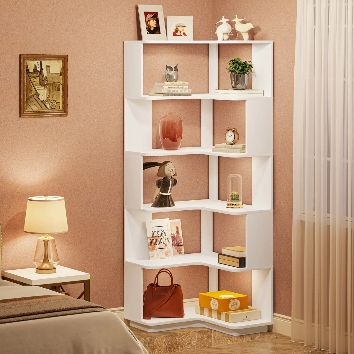 64.9 Inch Tall 6-Tier Corner Bookshelf. Freestanding Wood Industrial Bookcase