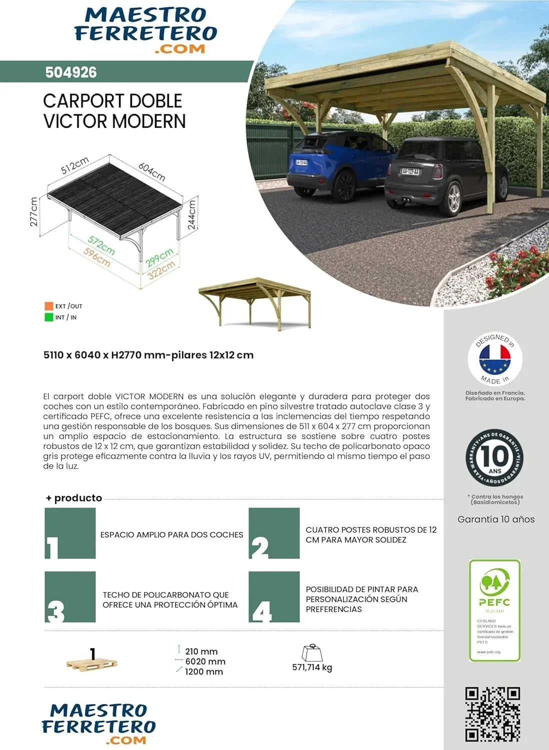 Forest Style - Cochera Doble Victor Modern 30.9 m² (6.02 x 5.11 x 2.52 m) – Madera de Pino Tratada – Techo de Policarbonato – Aparcamiento Cubierto