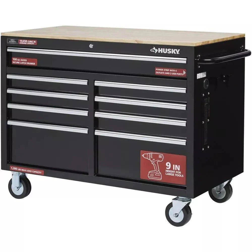 46-Inch W x 24-Inch D 9-Drawer Deep Tool Chest Mobile Workbench. Gloss Black