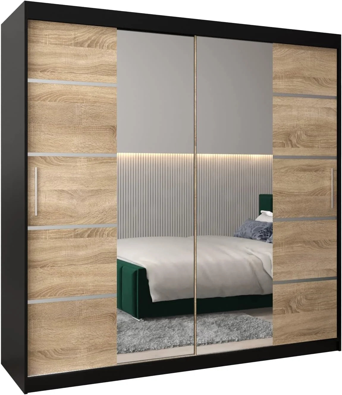 ABIKSMEBLE Verona 4 200 Bedroom Wardrobe with Three Sliding Doors – Modern Storage Cabinet with Mirror. Coat Rack and Shelves – 200 x 200 x 62 cm –
