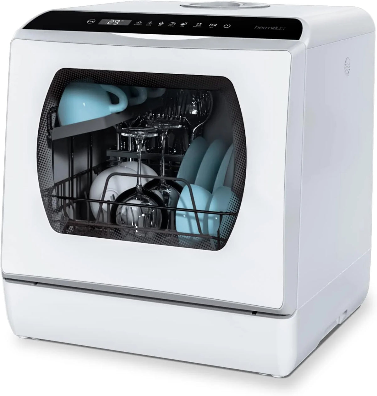 Hermitlux Mini Geschirrspüler. Spülmaschine für 4 Bestecksätze. 5 Liter Wassertank. 6 Programme Mini Tischgeschirrspüler. Perfekt für Wohnungen.