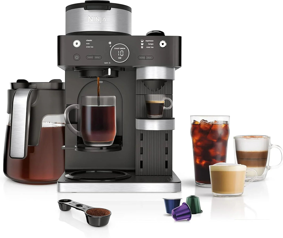 Italian espresso machine and coffee-making system. featuring three espresso brewing modes. supporting single-portion coffee and Nespresso capsules. with a built-in frother. capable of making Italian espresso. cappuccino and latte. Black style.
