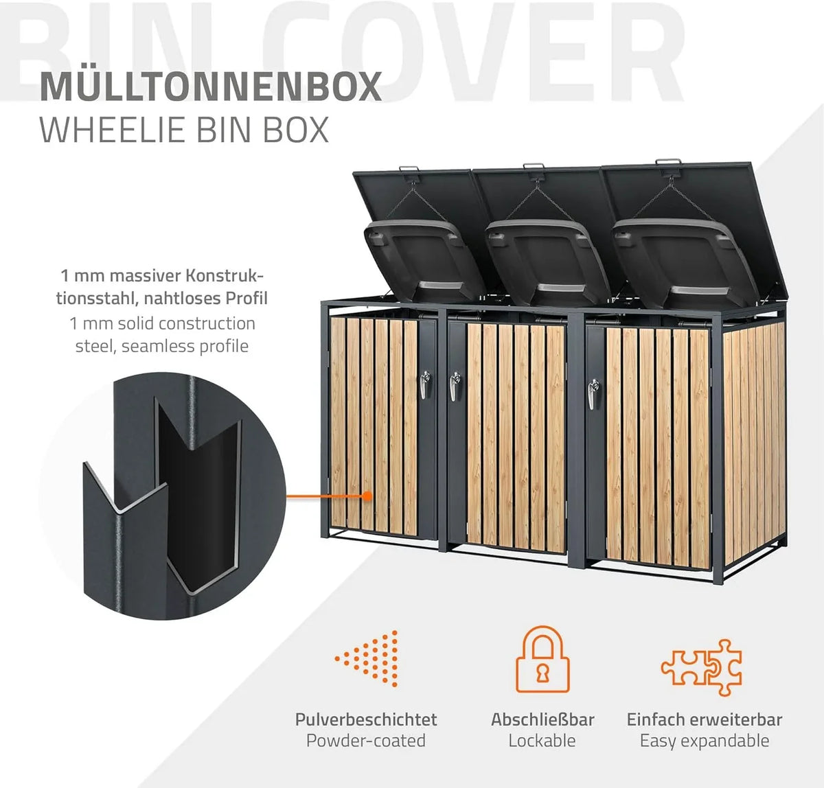 ML-Design Mülltonnenbox 3er 3 Tonnen 240L 200x80x116.3cm Anthrazit-Holzoptik. Stahl wetterfest/abschließbar Mülltonnenverkleidung Klappdeckel/3 Türen.