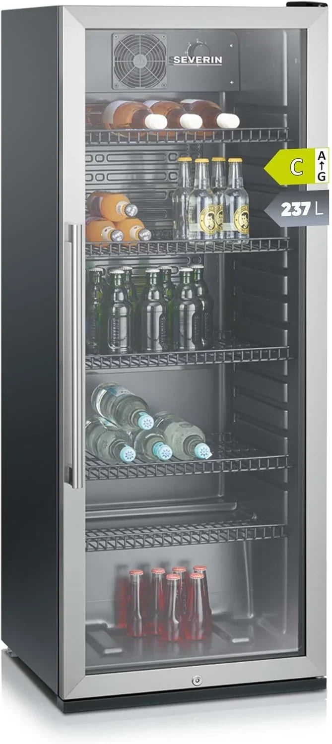 SEVERIN Flaschenkühlschrank. mit integriertem Schloss und integrierter LED-Beleuchtung. 118 L Nutzinhalt. schwarz/silber. FSK 8840