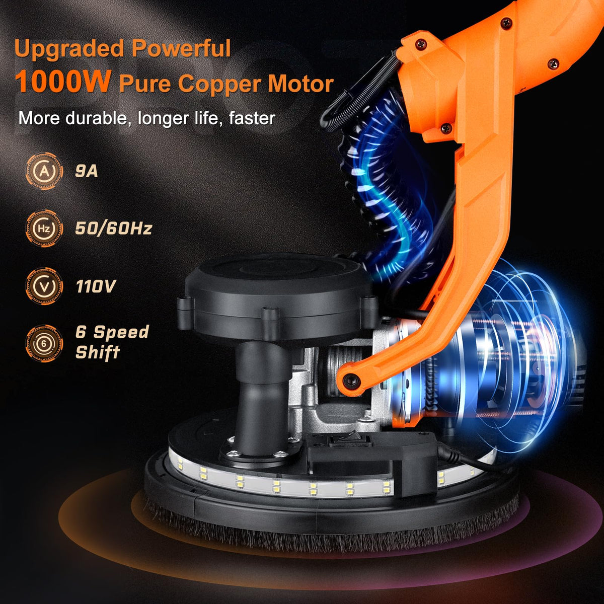 1000W Drywall Sander with Vacuum and LED Light. Electric Wall and Ceiling Sander with Dust Collection