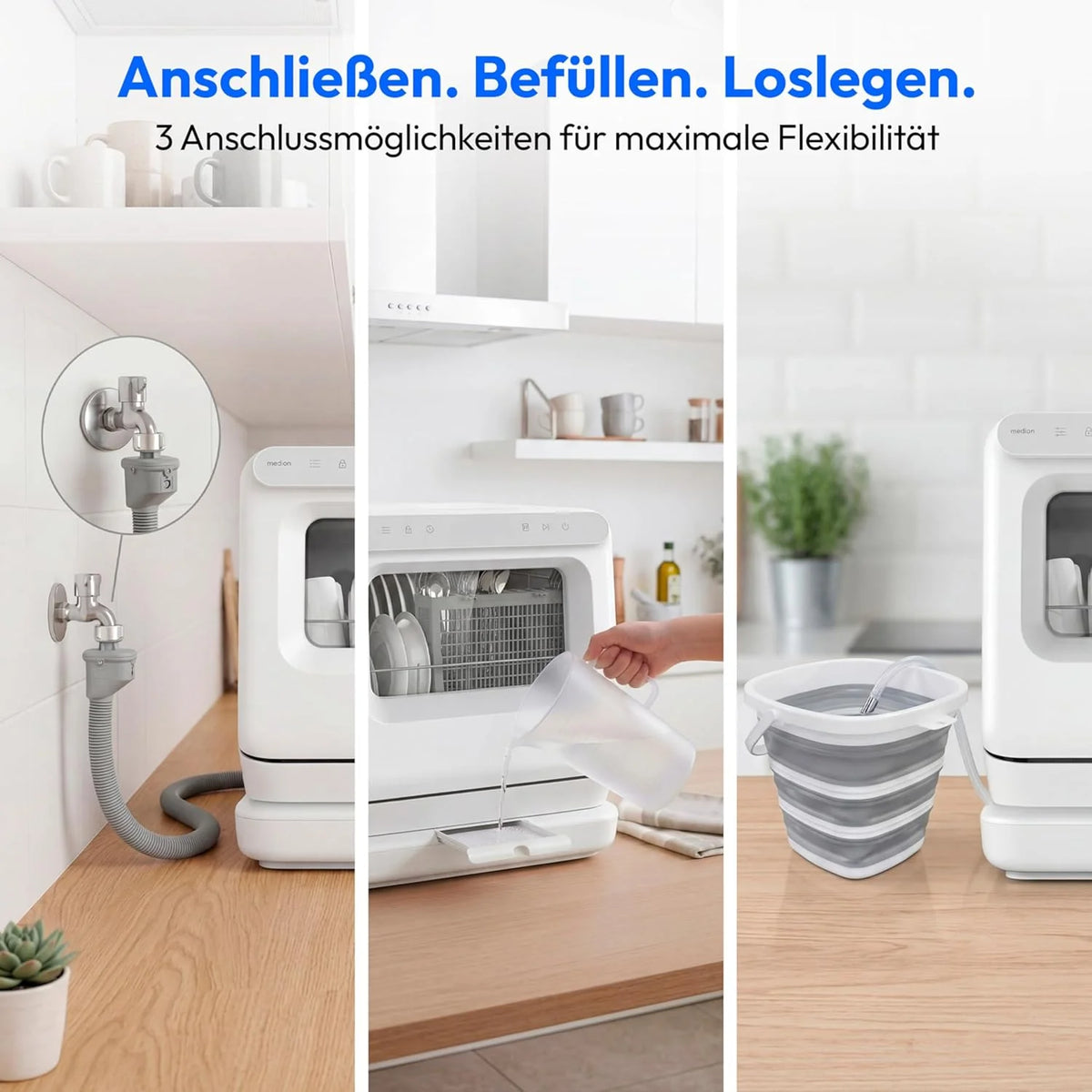 MEDION Mini Geschirrspüler DWT30. 3 Maßgedecke. Tischgeschirrspüler. funktioniert mit/ohne Wasseranschluss. 6 Programme. UV-Licht. Lüfter-Trocknung.