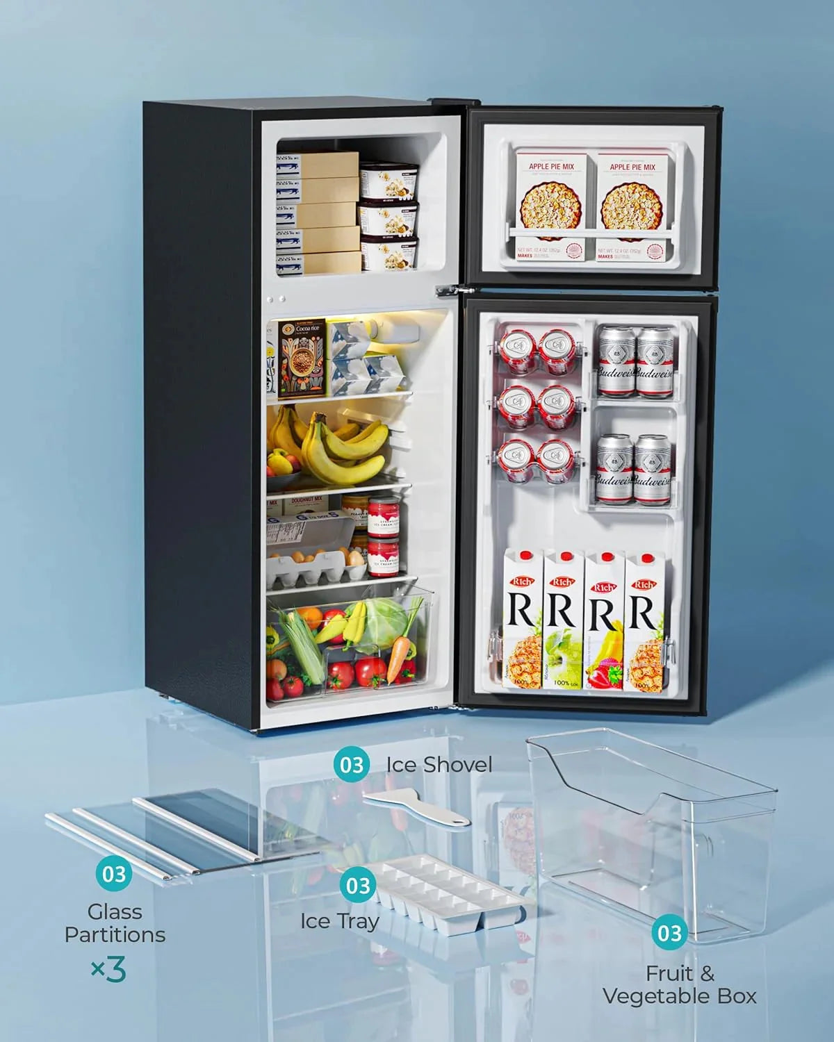 3.2 Cu. Ft. 2-Door Mini Fridge with Freezer. Compact Refrigerator. Silver