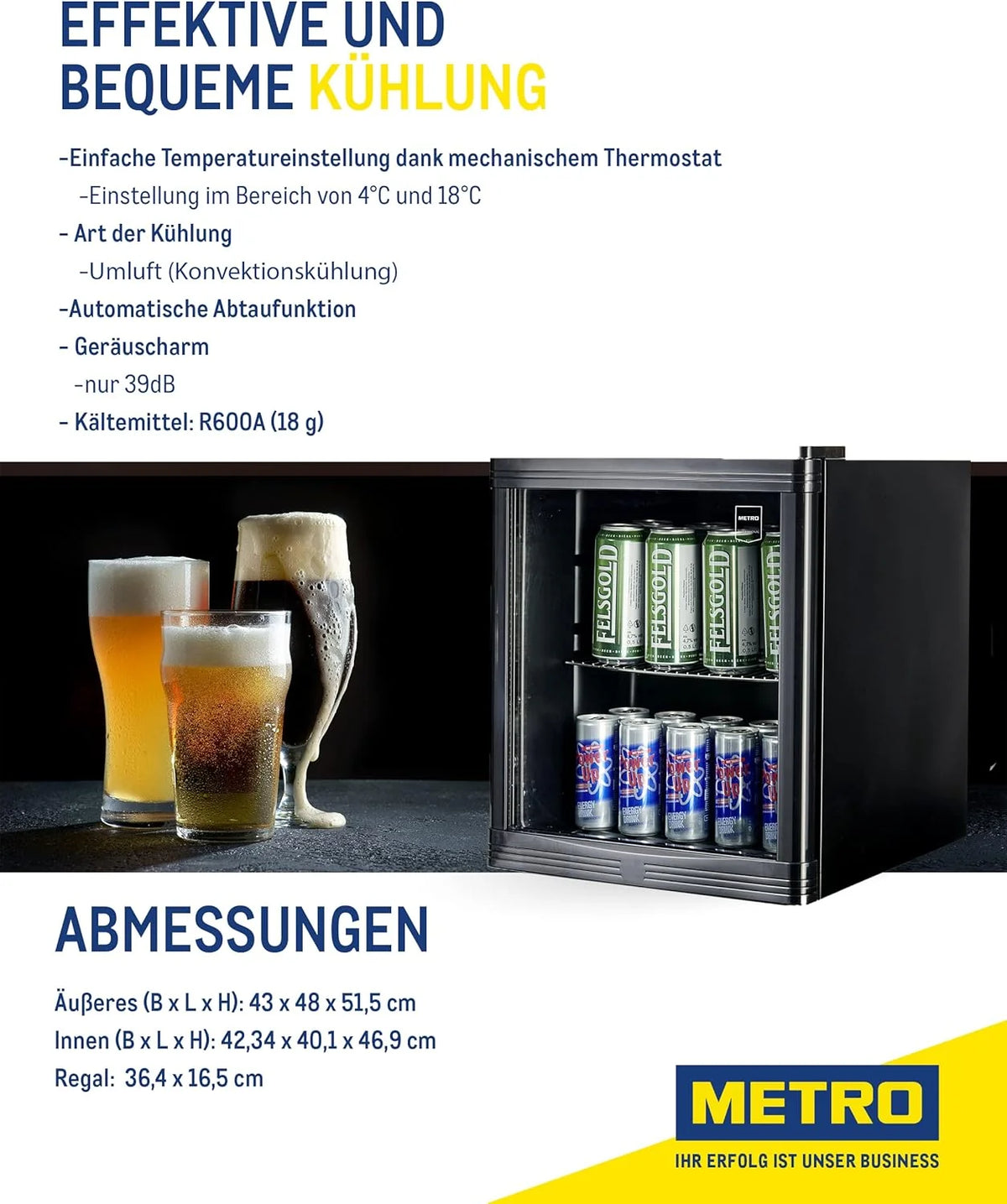 METRO Professional Mini-Kühlschrank GPC1046. Edelstahl/Glas. 43 x 48 x 51.5 cm. 46 L. schwarz