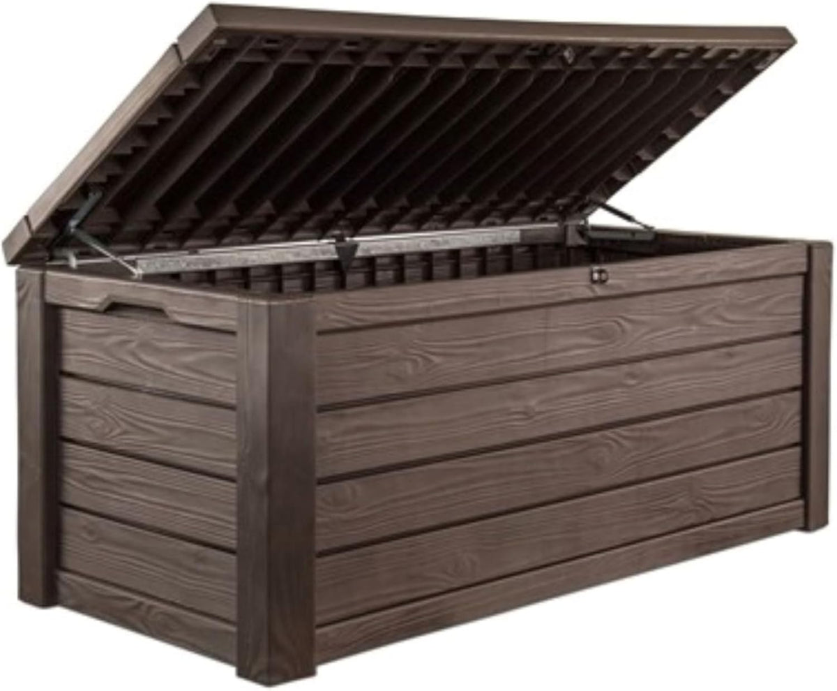 570-liter storage box. all-weather resin boat-shaped storage box. and stylish outdoor bench with piston-assisted lockable lid and side handles. dark coffee color version