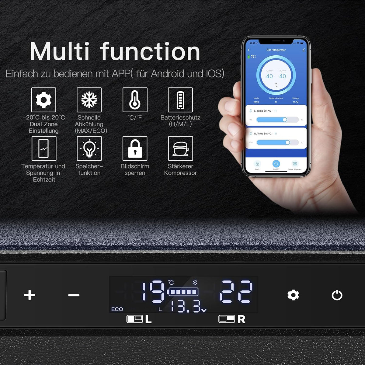 AAOBOSI 72L Kompressor Kühlbox. Dual Zone. Camping Kühlschrank mit APP. -20°C bis 20°C. USB-Handy-Ladung. LED-Beleuchtung. 12/24V und 100-240V.