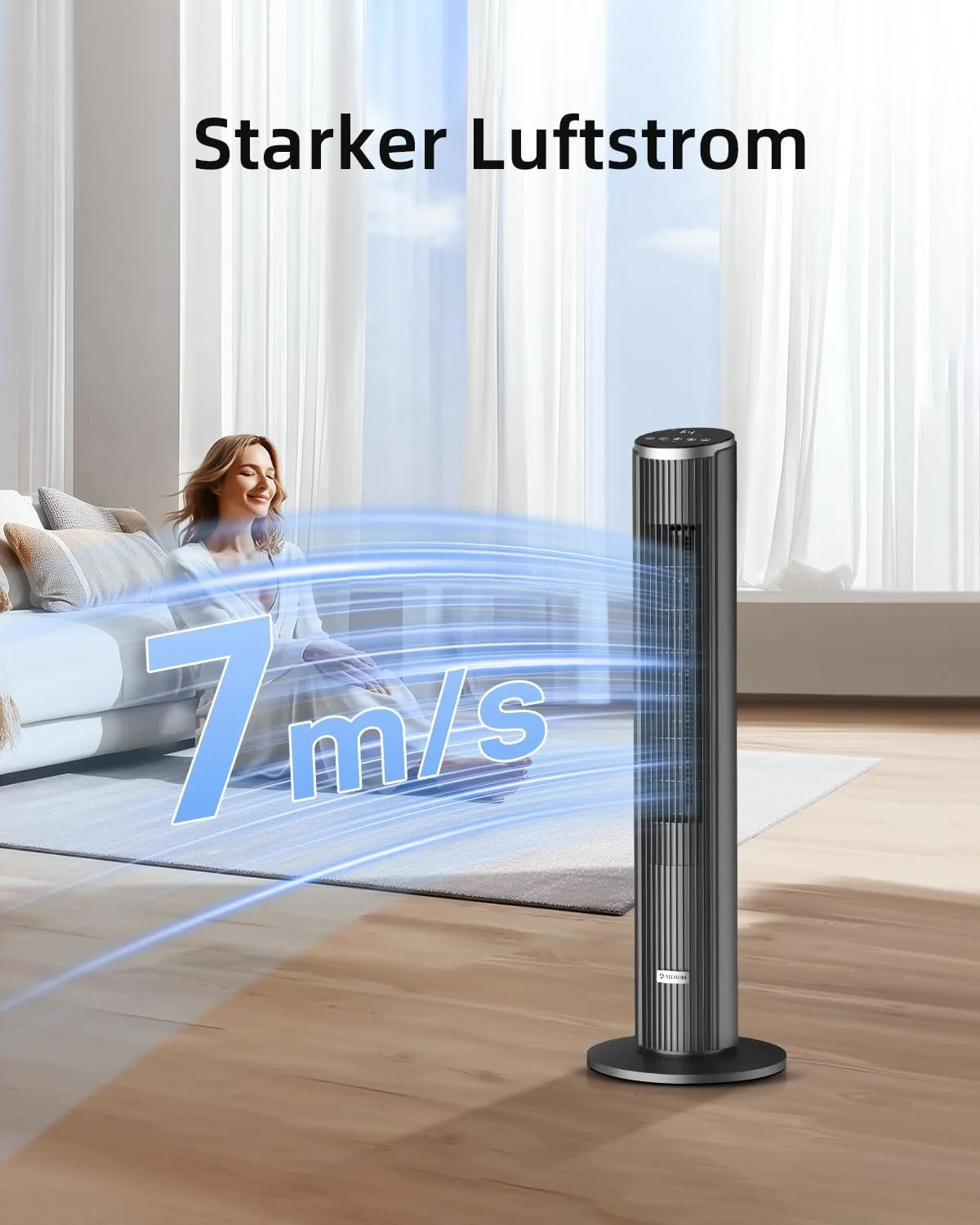 Ateroll Leiser Turmventilator für Schlafzimmer. Standventilator mit Fernbedienung. 90° oszillierend. 4 Geschwindigkeiten 3 Modi 12H Timer LED-Anzeige.