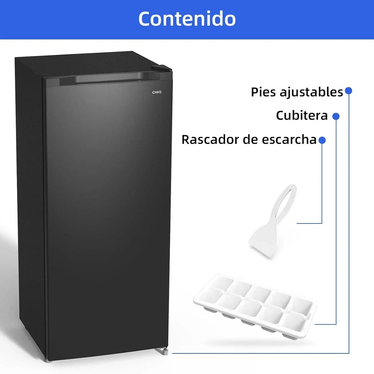 Congelador vertical independiente CHiQ. 145L de capacidad. congelación rápida. termostato ajustable. silencioso. puerta reversible. negro.