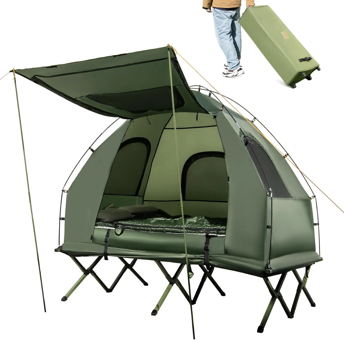 5-in-1 Camping Tent Cot with Air Mattress. Pillow. Sleeping Bag. Waterproof Elevated Folding Bed