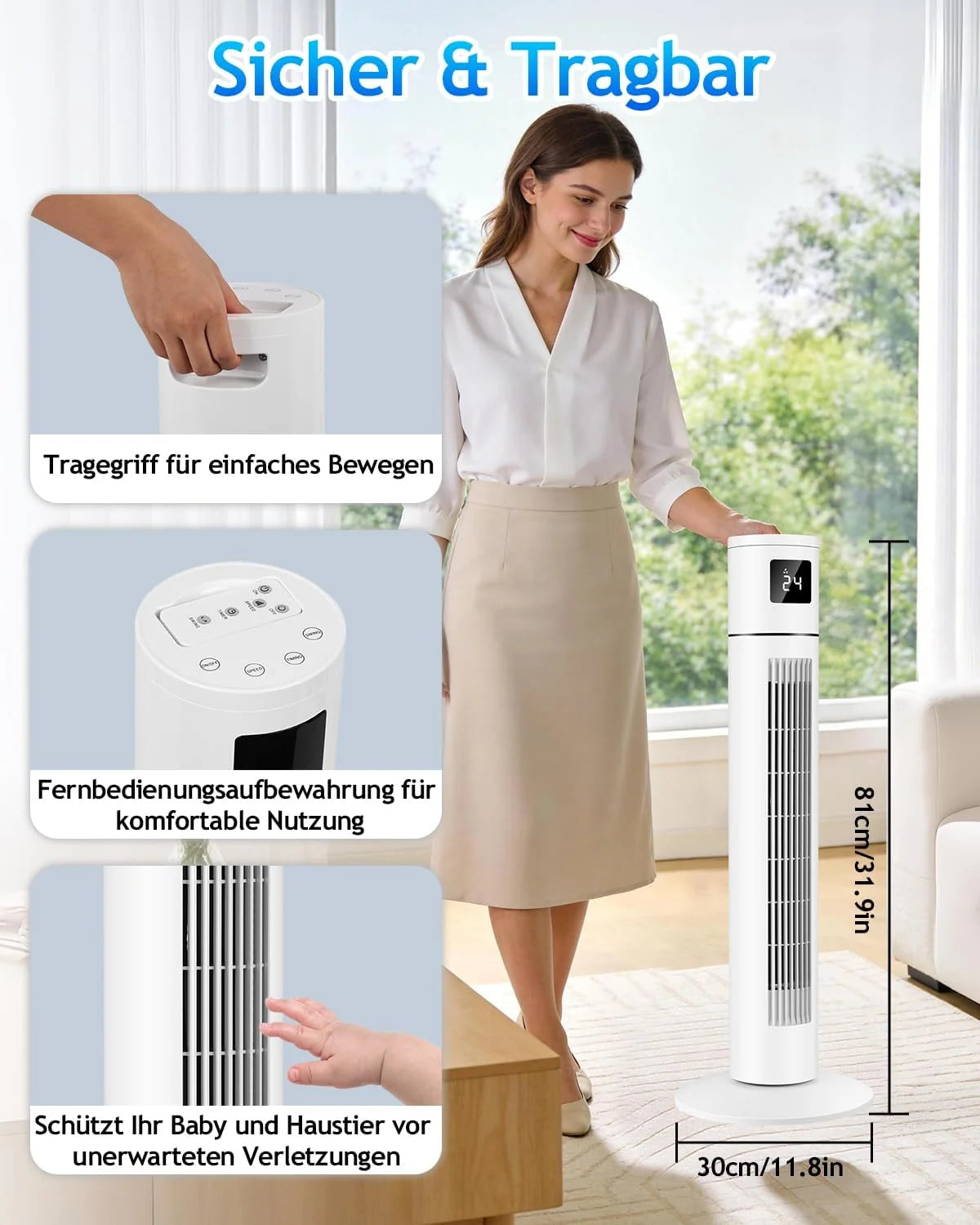 Timiyou Turmventilator 20dB Sehr Leiser für Schlafzimmer & Kühlung mit Fernbedienung | 3 Geschwindigkeitsstufen. 12h Timer. 60° Oszillation.