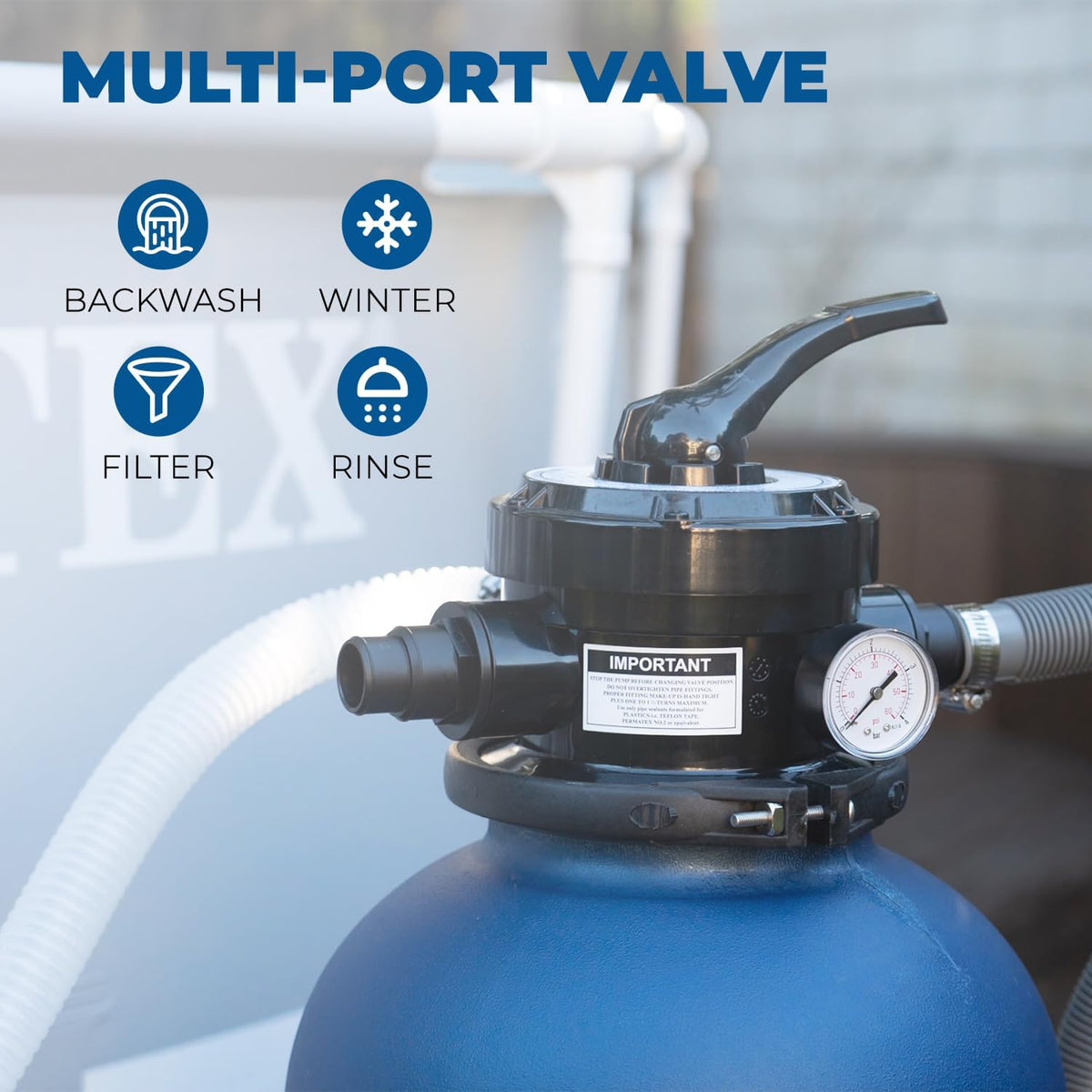 13-inch sand filter. 0.75 horsepower. swimming pool pump. 2400 gallons per hour. suitable for outdoor swimming pool package. multi-interface valve. maximum capacity 10000 gallons. 1-1/4 inch NPT interface