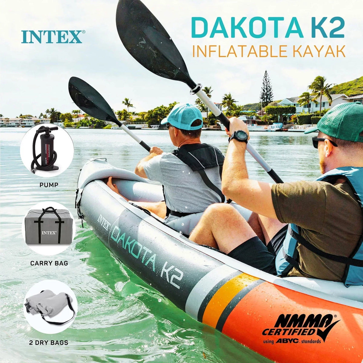 2025 Intex Dakota K2 Kayak inflable de vinilo para 2 personas. con remos y bomba – Caja abierta