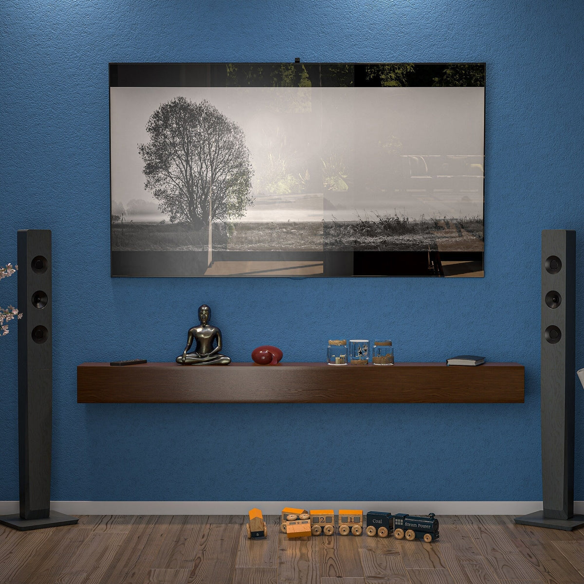 72 Inch Solid Pine Fireplace Mantel. Wall Mounted Floating Shelf in Brown