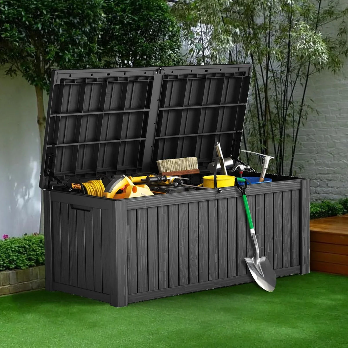 260-gallon large outdoor storage XL outdoor box. suitable for garden furniture. outdoor cushions. garden tools. sports equipment and pool supplies. Made of waterproof resin material. lockable. in gray color scheme.