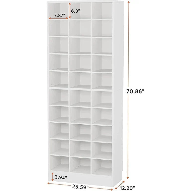 10-Tier Tall Shoe Cabinet. 30-Pair White Wood Shoe Storage Rack for Entryway and Closet