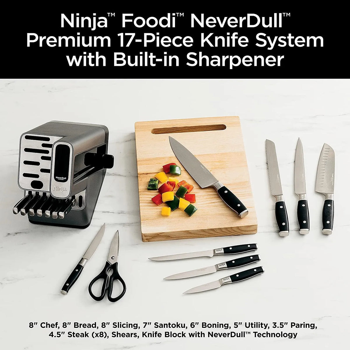17-Piece Premium Knife Block Set with Built-In Sharpener. Stainless Steel/Black